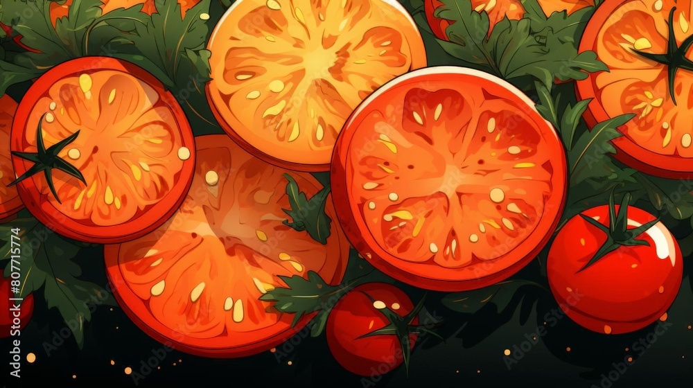 a vibrant illustration of sliced tomatoes and lemons on a dark background. The bright colors of the fruits contrast beautifully against the dark backdrop a vibrant illustration of sliced tomatoes and lemons on a dark background. The bright colors of the fruits contrast beautifully against the dark backdrop