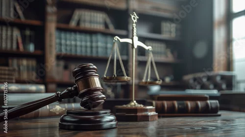 Obraz Classic judicial scene with a gavel and scales in a law library..
