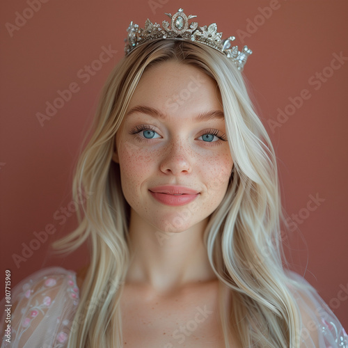 Portrait of a faiy women with , straight blonde hair, light complexion, has a silver crown, beautifully. photo