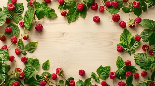 Fresh raspberries with leaves scattered on a light wooden background  ideal for healthy eating concepts.