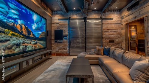 A TV lounge with a smart home theater setup, a sectional with built-in USB ports, and a metal wall art photo
