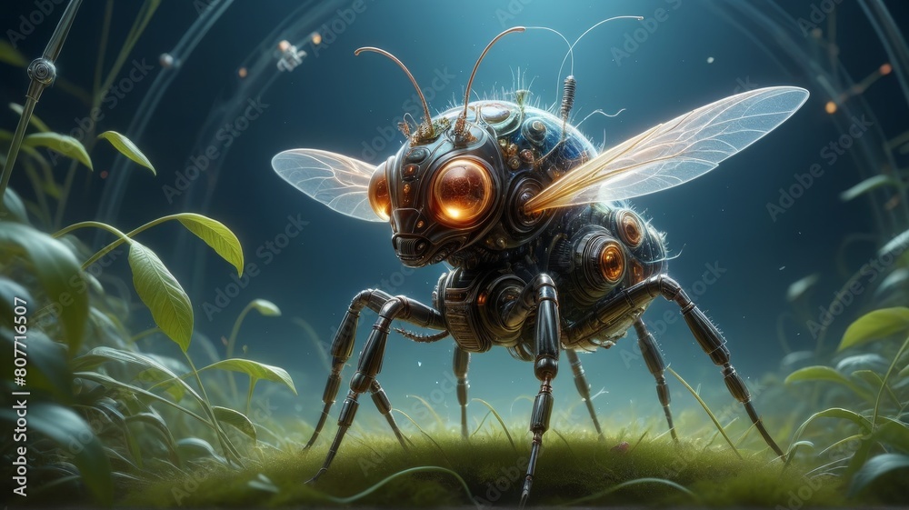 Fototapeta premium A close-up of a small fly with black wings resting on a green leaf