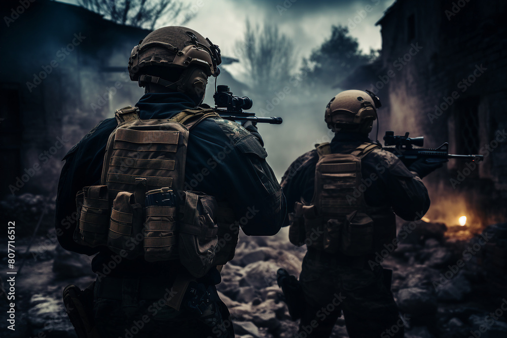 Image of courageous soldier with weapon during special operation created with generative AI Image of courageous soldier with weapon during special operation created with generative AI