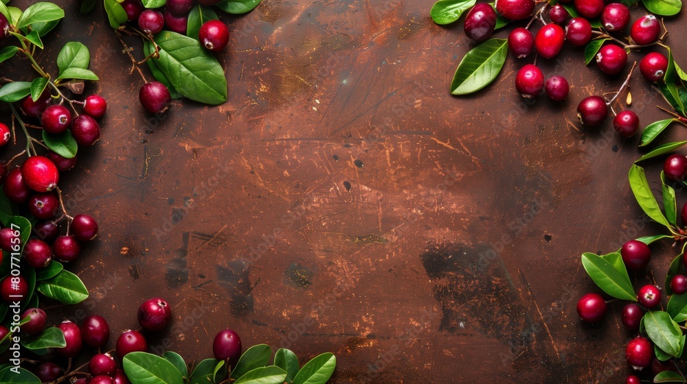 A rich display of fresh cranberries with green leaves scattered on a worn brown background.