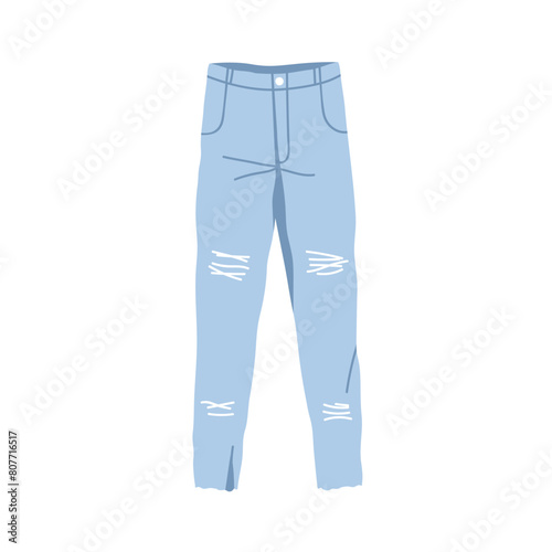 Trendy ripped jeans, casual denim pants for women. Stylish distressed trousers, fashion garment with holes, stitches. Blue cotton clothes design. Flat vector illustration isolated on white background