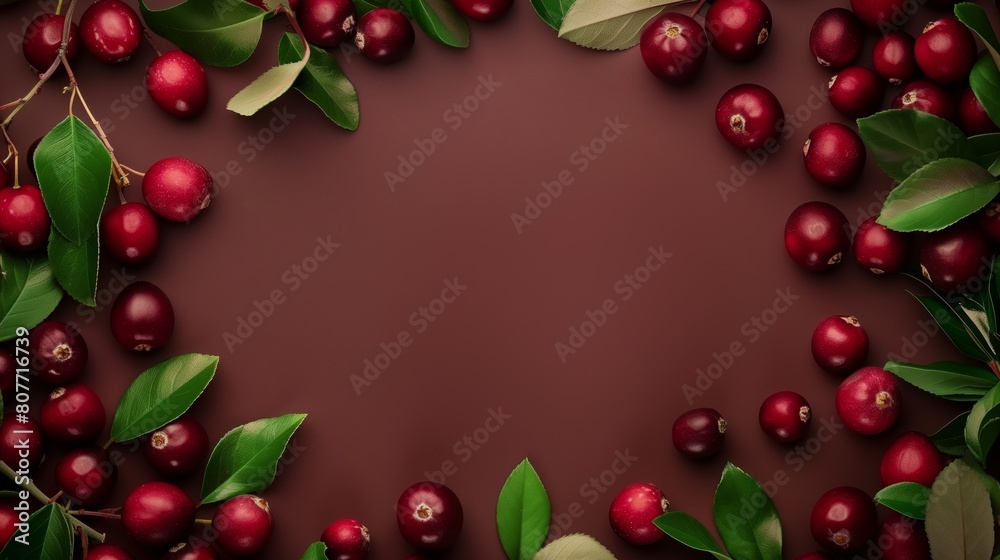Elegant arrangement of red apples and fresh green leaves on a burgundy background with a central copy space. Elegant arrangement of red apples and fresh green leaves on a burgundy background with a central copy space.