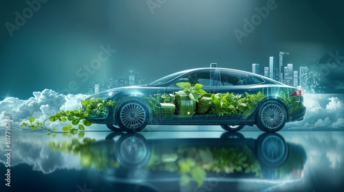 Advanced Eco-Friendly Car with Air-Powered Green Engine and Electric/Hybrid Features Displayed on Blue Background - Innovative Automotive Design for Sustainable Future