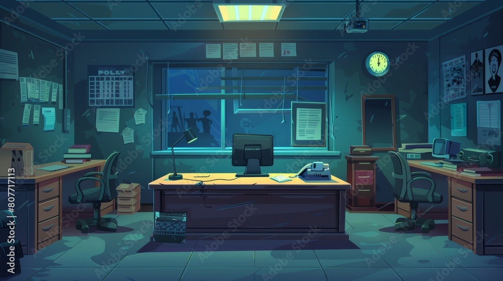 A dark room in the police station at night with a desk, computer, lamp, and window to the interrogation room with a blackboard. Modern cartoon illustration of a police station interior at night. A dark room in the police station at night with a desk, computer, lamp, and window to the interrogation room with a blackboard. Modern cartoon illustration of a police station interior at night.