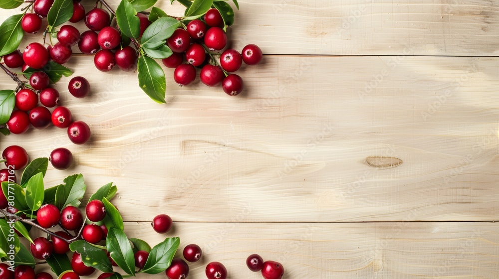 Fresh red cranberries with green leaves spread over a light wooden surface. Fresh red cranberries with green leaves spread over a light wooden surface.