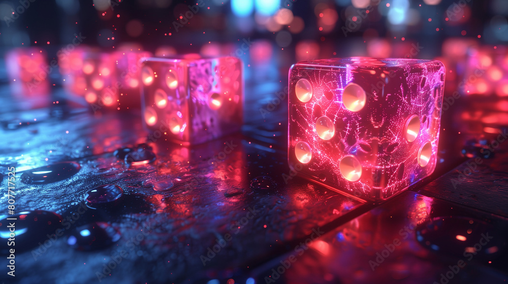 3D cyberpunk style dice, glowing 3D cyberpunk style dice, glowing