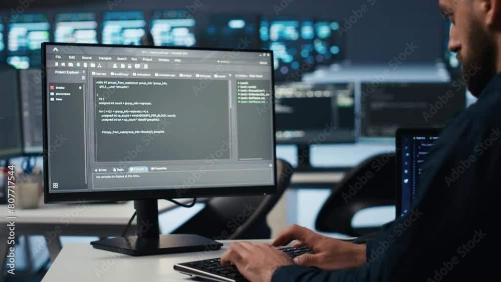 IT employee programming in server hub housing supercomputers storing datasets. Close up shot of expert typing code on computer to mend data center racks doing complex computational operations