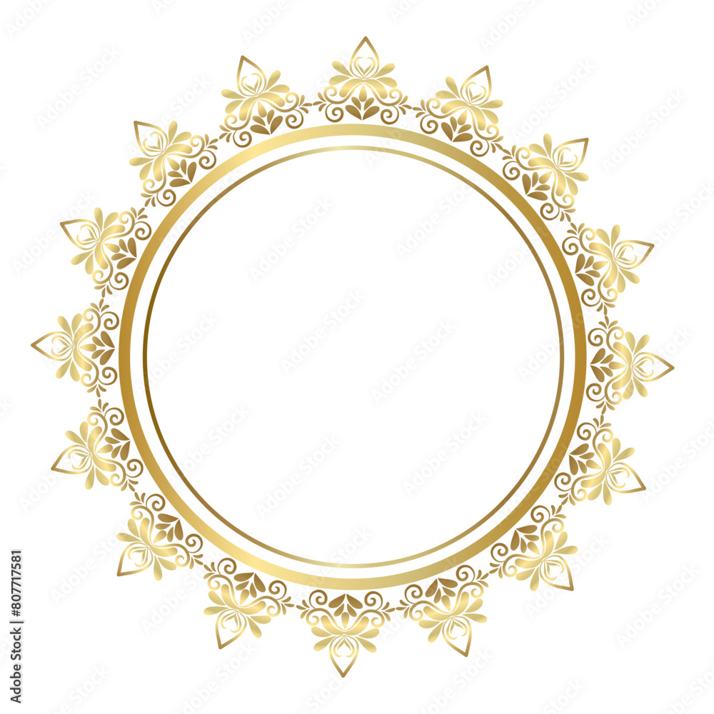 Gold Round Frame. Circular Frame floral ornament. vintage Geometric set with gold pattern. Vector illustration. White background.