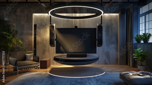 A TV lounge with a suspended circular TV pod with surround sound speakers