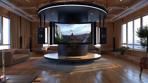 A TV lounge with a suspended circular TV pod with surround sound speakers