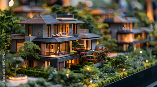 A residential housing model, with lush landscaping as the background, during a real estate expo photo