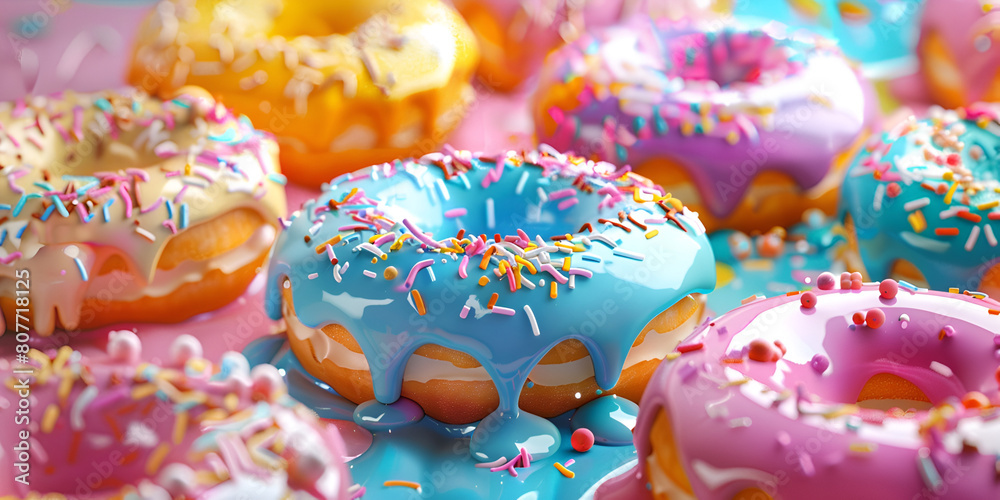 A group of donuts with pink blue and purple frosting and sprinkles 