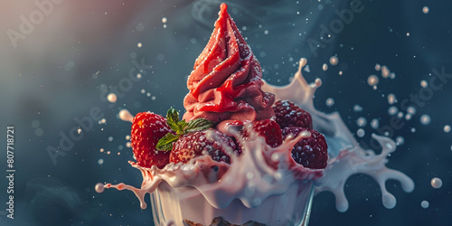 A splash of milk and strawberries is being poured into a cup. 