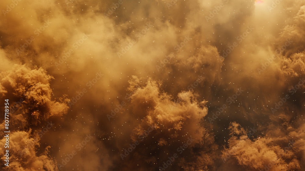 A realistic 3D illustration of dusty powder and dirt particles flying in the air. Effect of a sandstorm or windstorm in the desert.