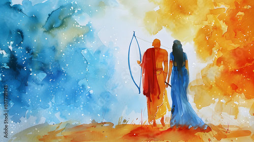 Lord Shri Ram with a bow on his shoulder, walking with Goddess Sita, watercolor painting