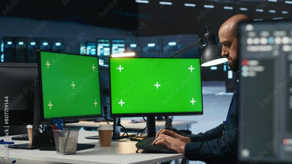 Developer programming on multi monitor isolated screen PC setup in data center housing supercomputers storing datasets. Programmer writing code on chroma key computer to mend data center racks