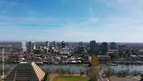 Pullback drone aerial view of downtown Sacramento, California on a sunny day photo