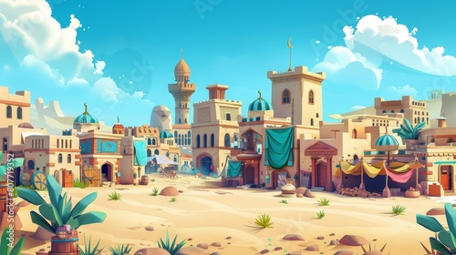 Old Arab city with old houses and buildings in the desert. An Arabian town landscape with a market, a well, mosque, and a woman holding a jug. Modern illustration.
