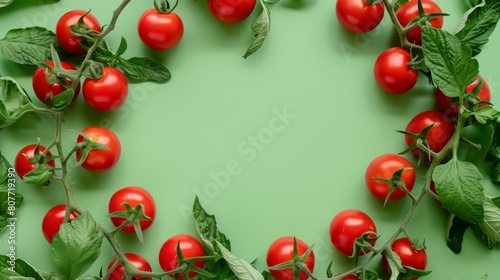 Fresh ripe tomatoes on vine with green leaves isolated on a light green background, ideal for copy space.