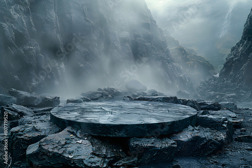 Empty stylish dark menly stone podium 3D mockup background, beauty product presentation concept. Copy space platform surrounded by rocks mountains fog fire . Cosmetics, perfume sales advertising stand