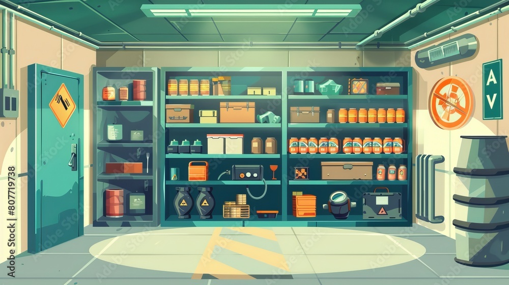 Bunker interior design with radiation hazard sign, gas mask, metal door, shelves with canned food, and equipment stock. Modern illustration. Bunker interior design with radiation hazard sign, gas mask, metal door, shelves with canned food, and equipment stock. Modern illustration.