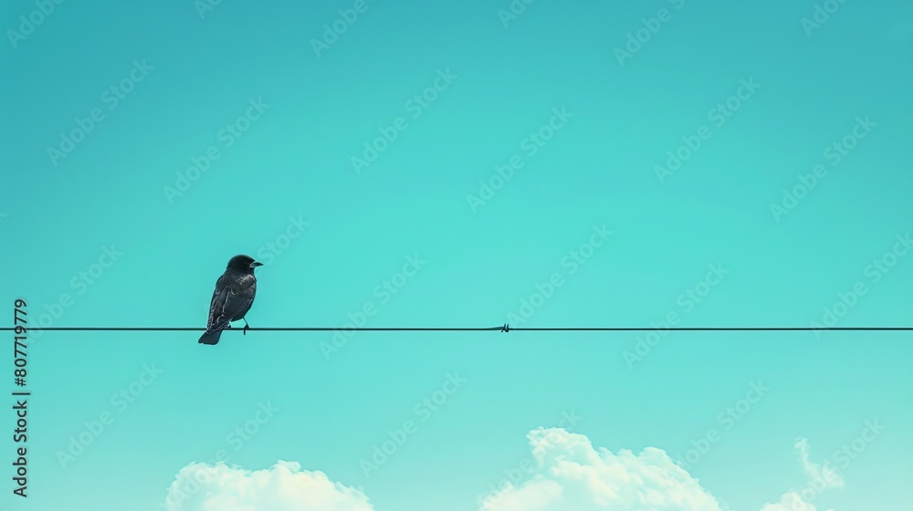 A lone bird perched on a wire against a clear blue sky. A lone bird perched on a wire against a clear blue sky.