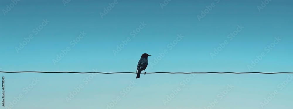 A lone bird perched on a wire against a clear blue sky. A lone bird perched on a wire against a clear blue sky.
