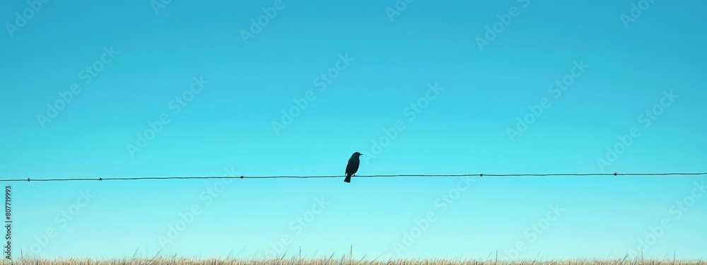 A lone bird perched on a wire against a clear blue sky. A lone bird perched on a wire against a clear blue sky.