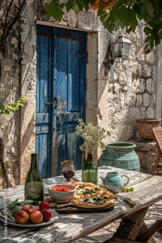 Rustic Mediterranean Feast, Pizza, Wine, Fruit on Table by Old Stone House