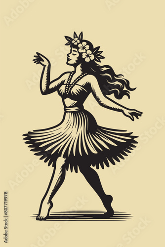 Beautiful Hawaiian young woman dancing. Vintage black engraving vector illustration, isolated object