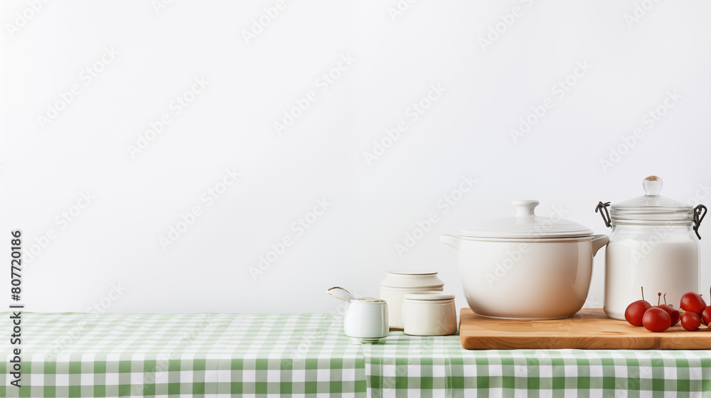 a table with a white and green tablecloth and pots on it a table with a white and green tablecloth and pots on it
