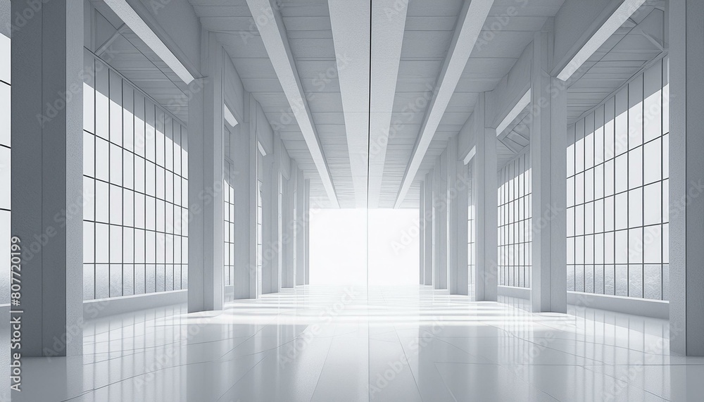 Abstract modern architecture background, empty white open space interior with windows and concrete walls. 3D rendering