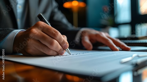 A businessman is signing a contract with his hand holding the pen photo
