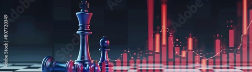 Futuristic 3D illustration of stock market allusion with winlose king chess pieces Standing blue king over fallen red king on candlestick chart screen analysis with room for text f photo