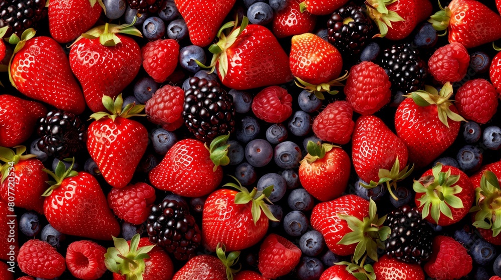 Vibrant close-up of assorted berries including strawberries, blueberries, raspberries, and blackberries. Vibrant close-up of assorted berries including strawberries, blueberries, raspberries, and blackberries.