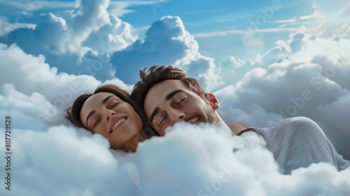A man and a woman laying in a relaxed position on a cloud made of cotton.