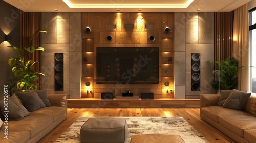 A TV lounge with a TV set within a recessed alcove, flanked by built-in speakers
