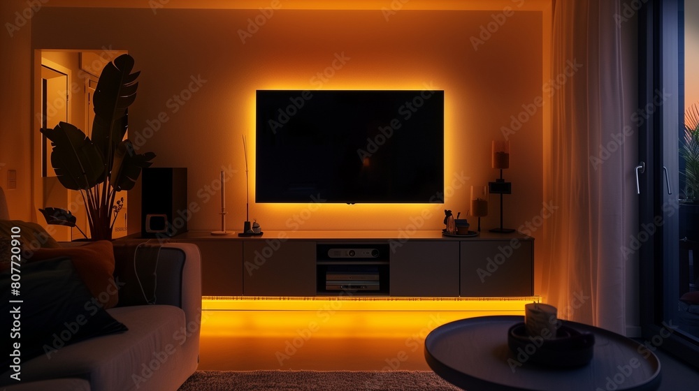 A TV lounge with a TV set within a recessed alcove, accented by LED strip lighting