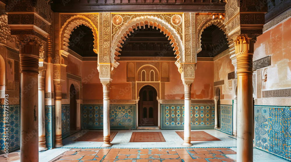 Obraz premium Elegant interior of a traditional courtyard with ornate arches, columns, and intricate tile work.