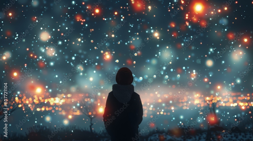 A lone figure gazing at a starry night sky, with the stars rendered as bokeh points of light. A lone figure gazing at a starry night sky, with the stars rendered as bokeh points of light.