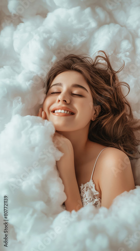 A woman peacefully laying on a fluffy white cloud floating in the sky.