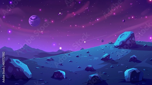 Space universe background with planet. Galaxy illustration for game user interface. Modern space landscape with stars. Cosmic surface for computer world adventure level. photo