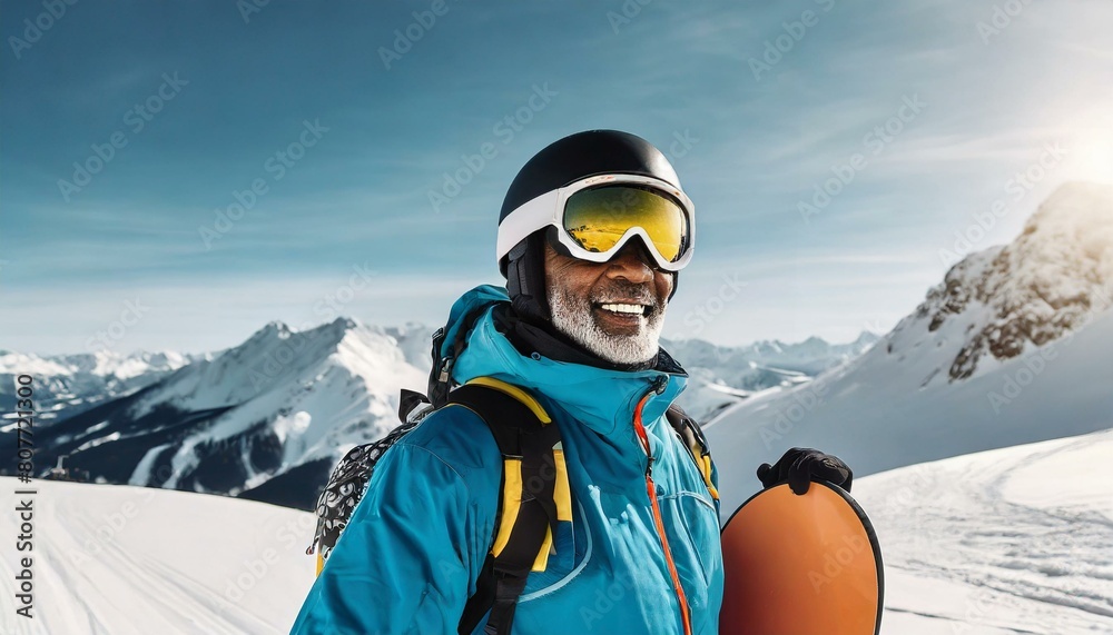 Elderly man wearing snowboarding clothing and holding his snowboard.