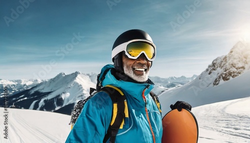 Elderly man wearing snowboarding clothing and holding his snowboard.