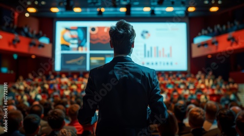 A man in a suit giving a presentation to an audience at a business conference or auditorium