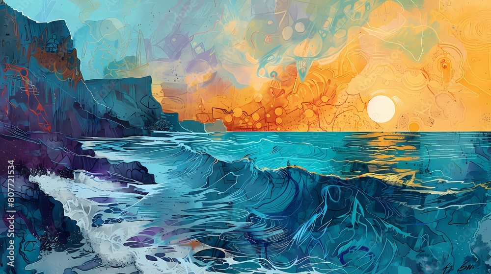 Fototapeta premium Seaside cliff scenery illustration poster background